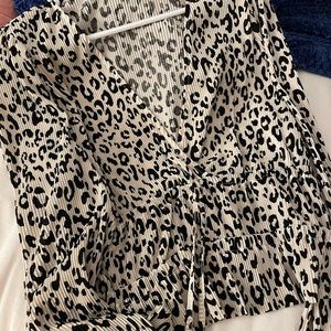 Zara Leopard Silk Print Pleated Top